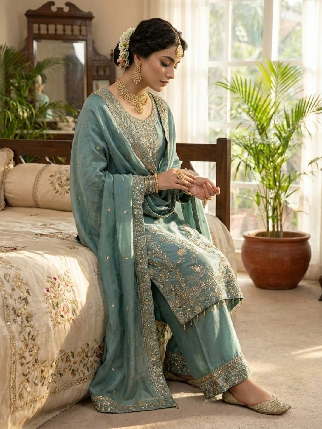 RE Pure GMY Silk Embroidered Suit Set with Sequence Work Palazzo and Dupatta (Sizes M-XXL)