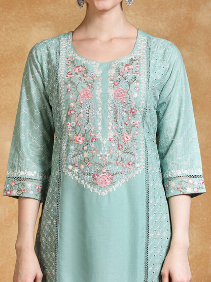 KF Thread Embroidered Kurta With Trouser & Floral Printed Dupatta
