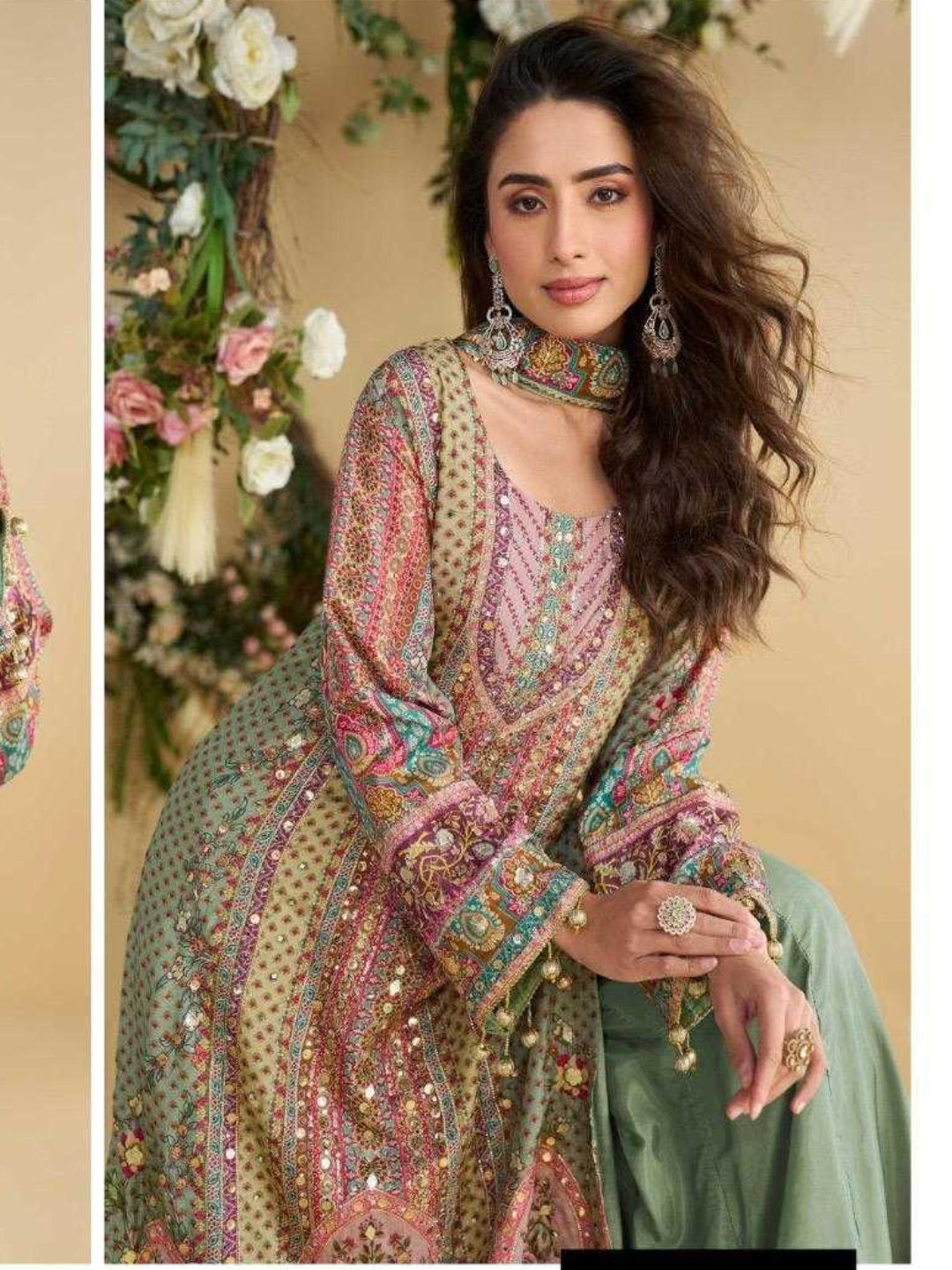 YNF Crepe Silk Suit Set | Printed Top Palazzo | Hand Aari Gota Patti Work