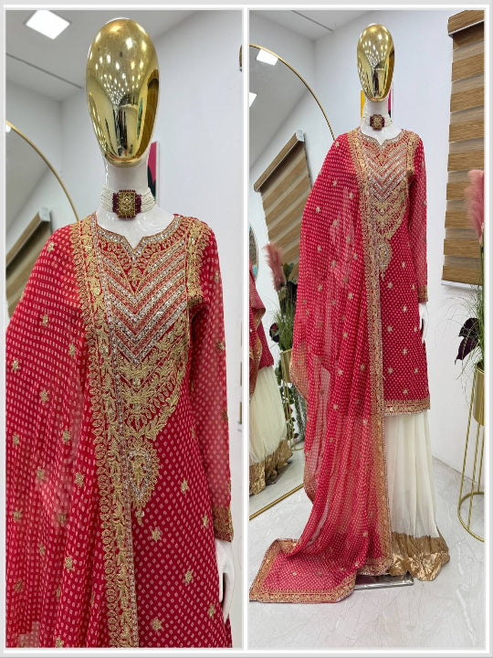 ES Designer Embroidery Sequins, and Print work on Faux Georgette Kurta with Plazo & Dupatta