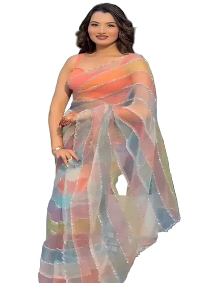 YNF Luxurious Soft Tabby Silk Saree with Zarkhan Stone Work & Contrast Satin Blouse