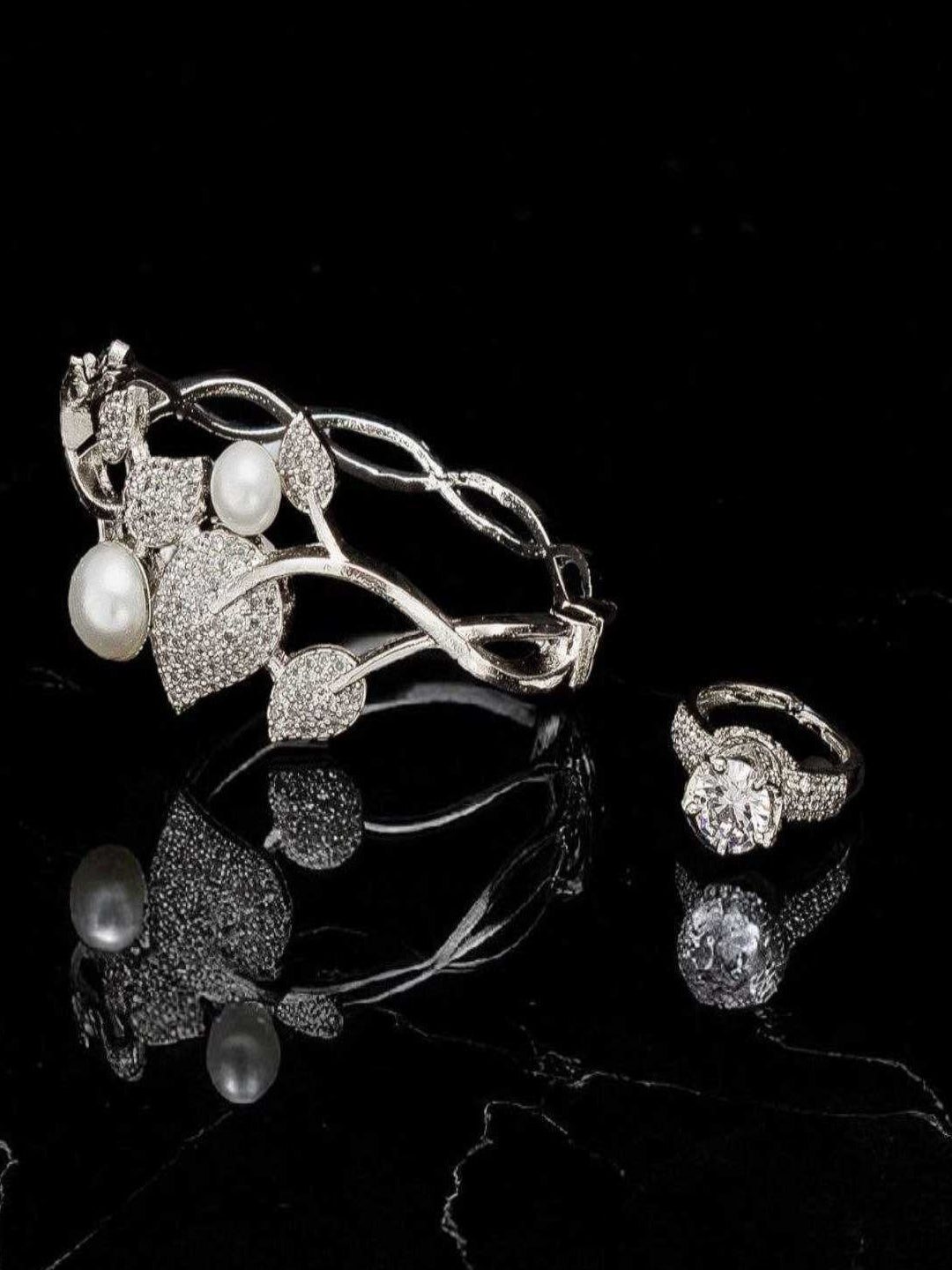 YNF Designer Silver-Plated AD Diamond Kada Bracelet with Matching Antique Ring Set