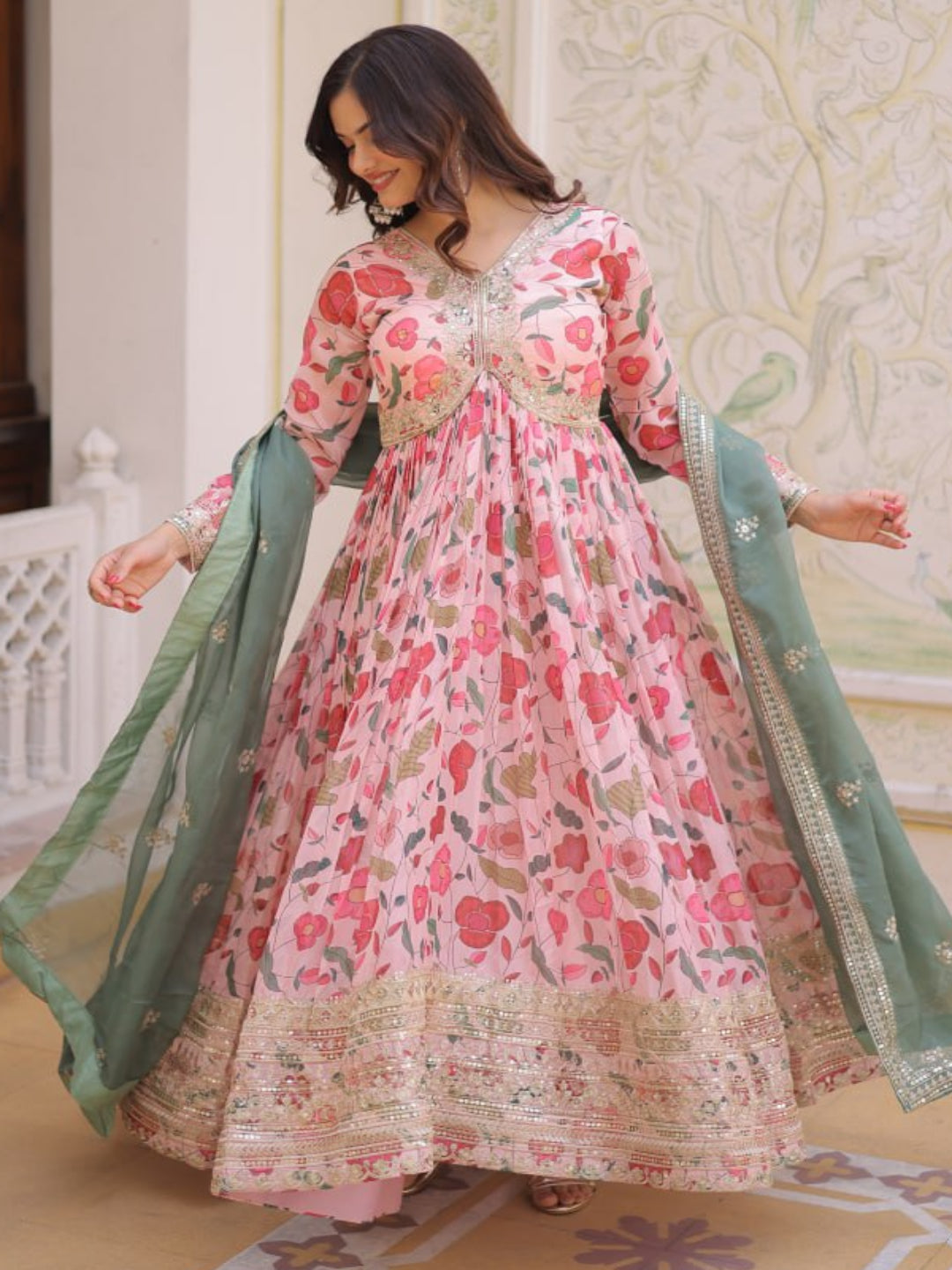 RE Designer Alia Cut Russian Silk Gown with Digital Print & Sequins Work