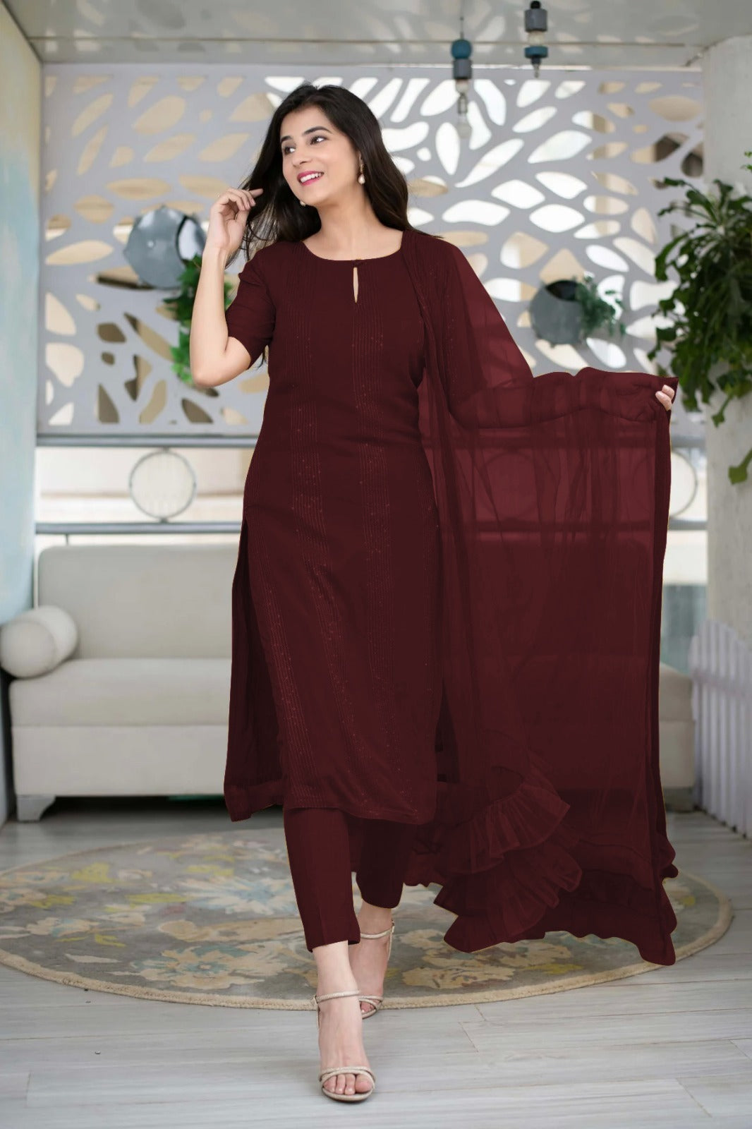 ICF Women Multi-Color Slub Cotton Kurti Set with Pant & Dupatta