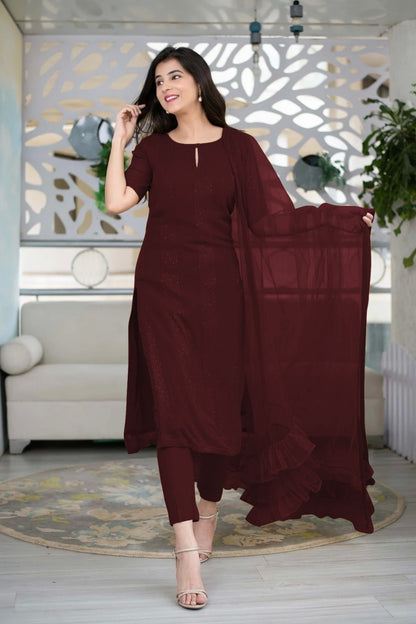 ICF Women Multi-Color Slub Cotton Kurti Set with Pant & Dupatta