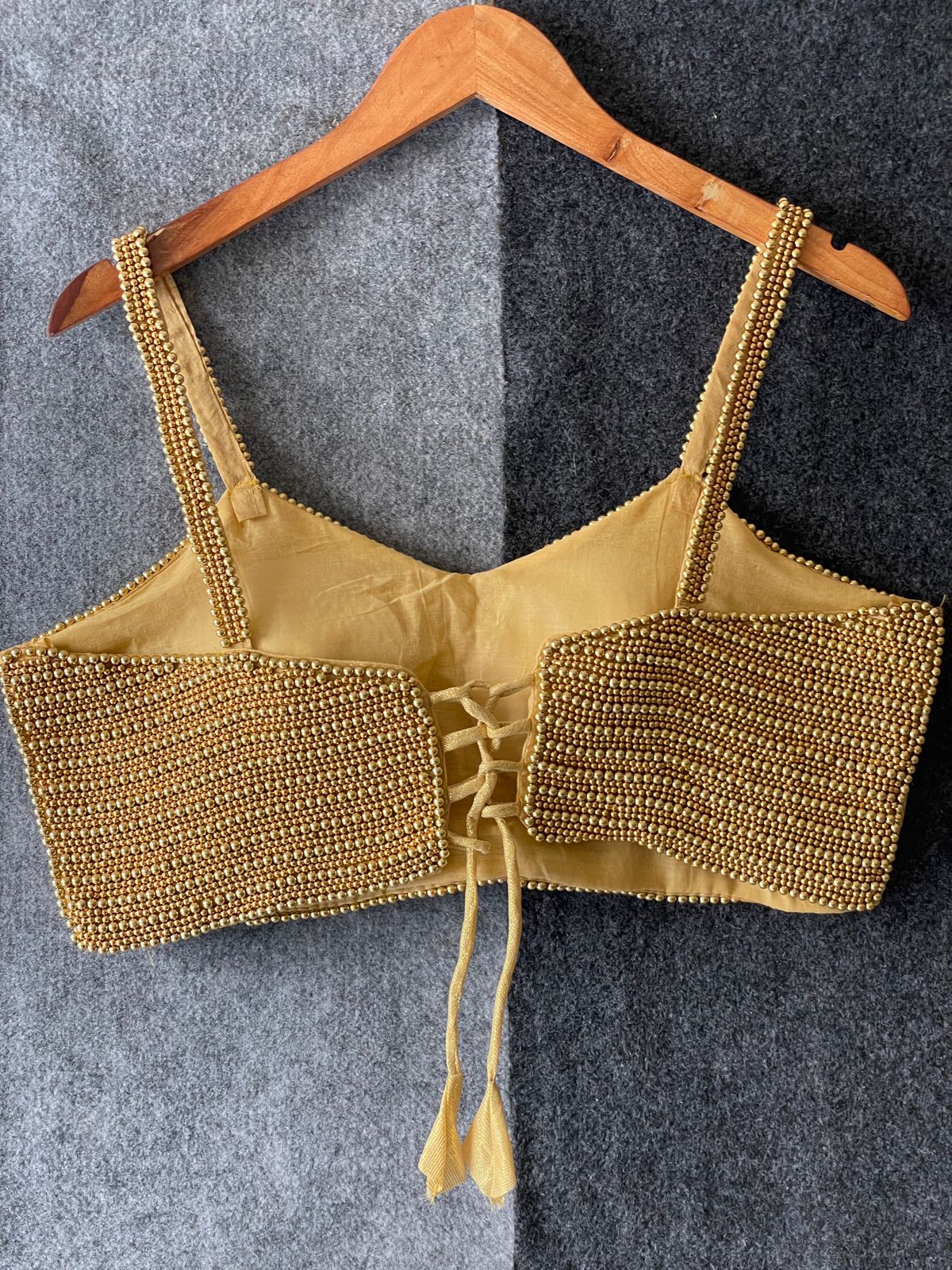 ES Designer Pure Silk Spaghetti Blouse with Handcrafted Pearl (Moti) Work