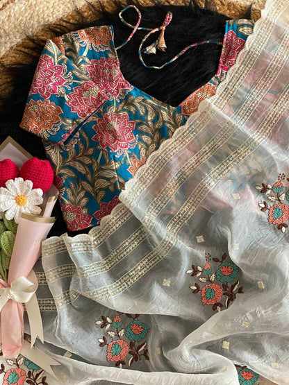 WT Premium Sequined Crush Organza Saree with Scallop Finish