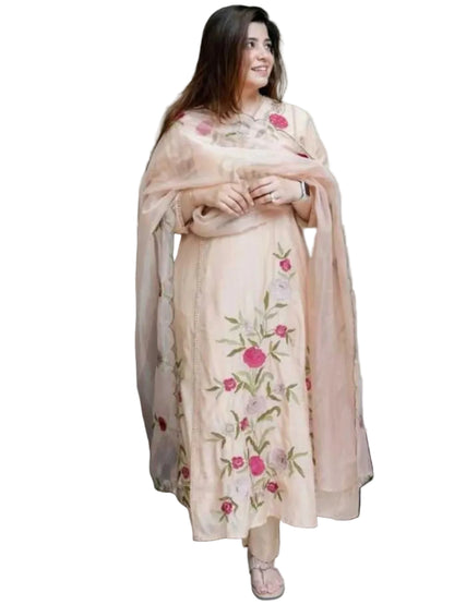 YNF Premium Chanderi Silk Embroidered Suit with Organza Dupatta
