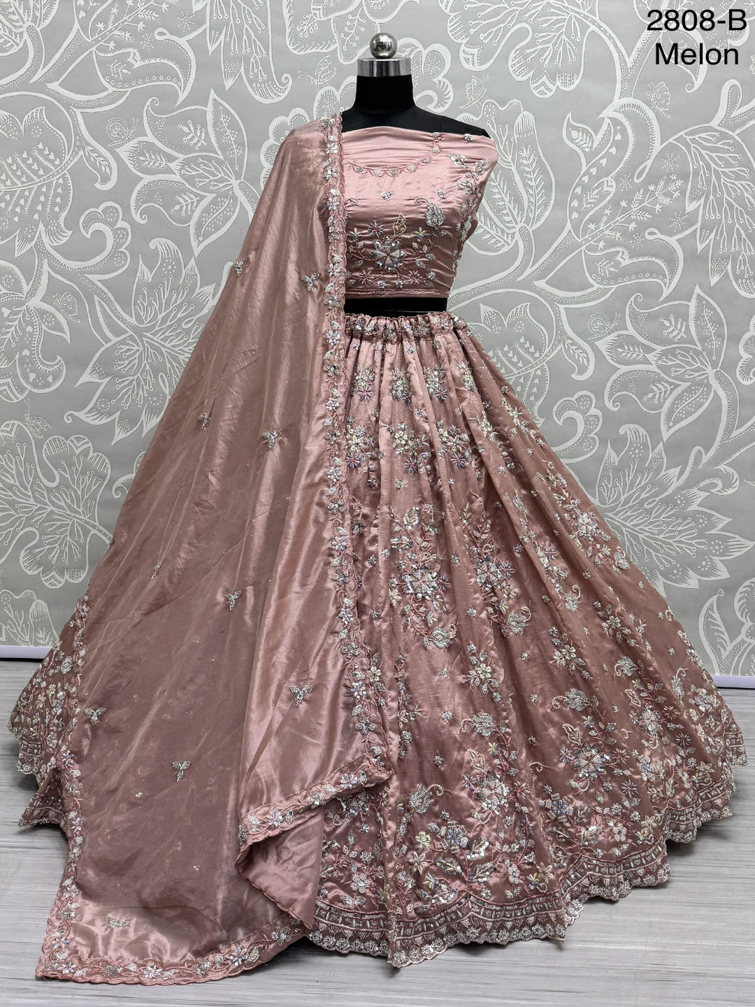 ES Gold Crush Pure Fabric Lehenga with Motif & Crystal Pipe Handwork