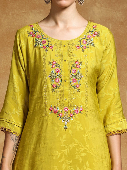 KF Floral Motif Thread Embroidered Yoke Kurta with Trouser & Dupatta