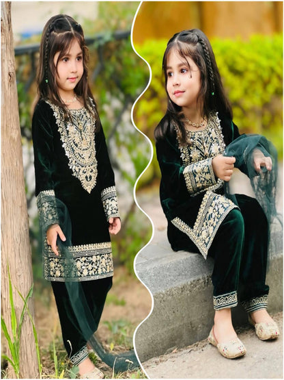 RE Girls' Heavy Viscose Velvet Embroidered Top & Bottom Set with Net Dupatta (3-15 Years)