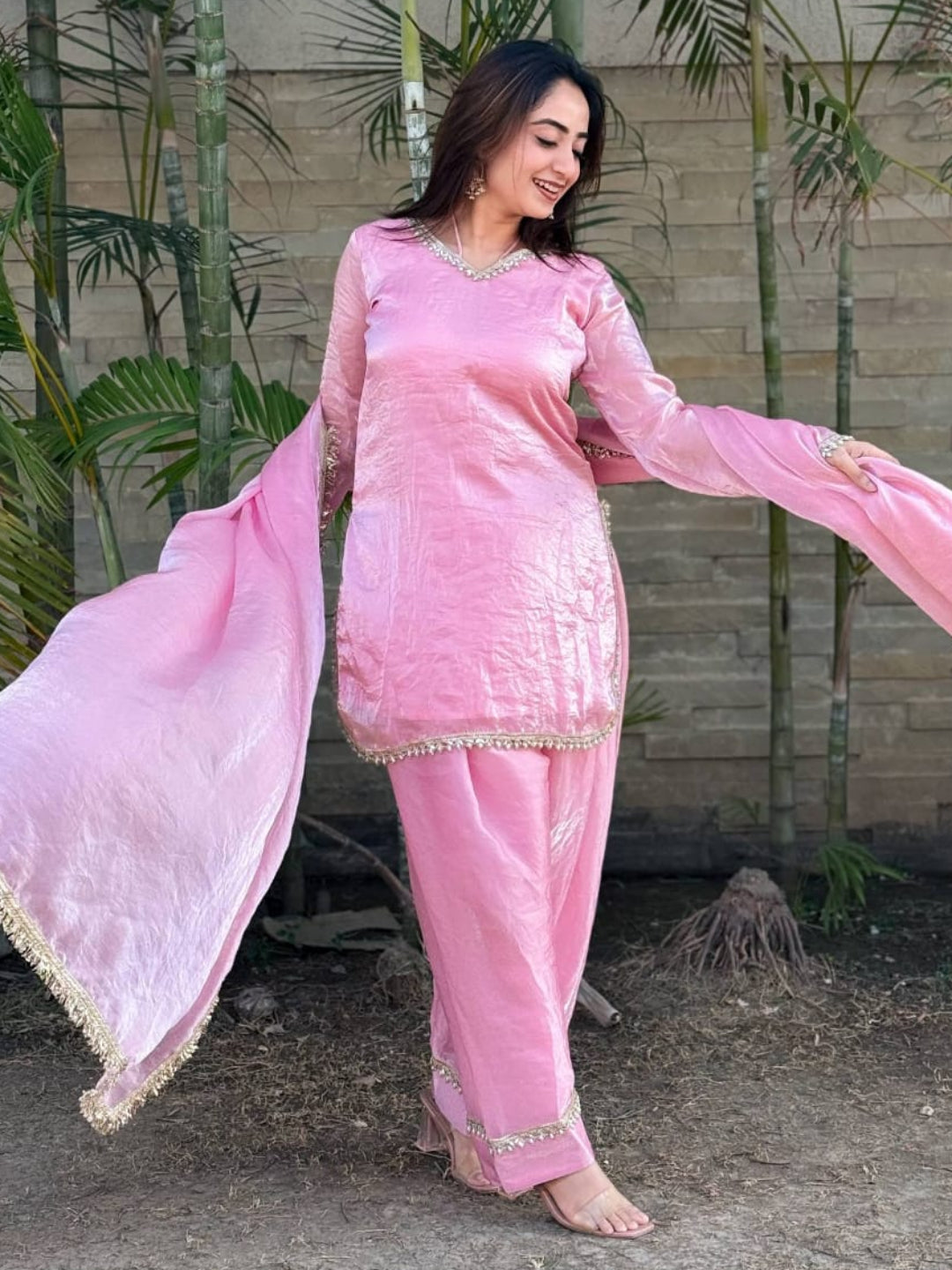 RE Premium Fendi Satin Designer Farsi Salwar Set with Real Mirror & Pearl Work