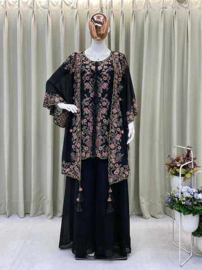 Women's Faux Georgette Sequence Embroidered 3-Piece Shrug, Kurta & Palazzo Set - RE