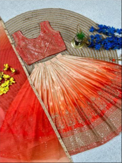 RE Girls' Soft Chinon Silk Embroidered Lehenga Choli Set with Butterfly Net Dupatta