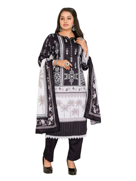 ICF Women's Silk Blend Black & White Printed & Embroidered Kurti with Pant & Dupatta Set