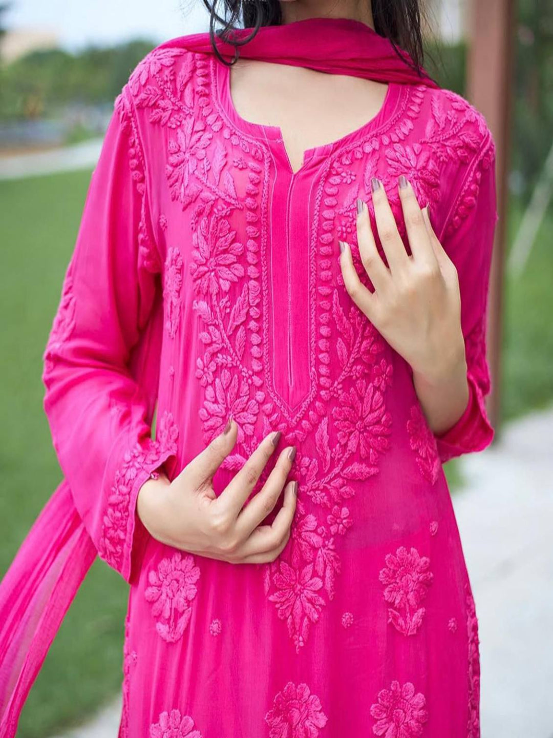 RE Designer Embroidered Georgette Kurti Palazzo Set with Lace Dupatta