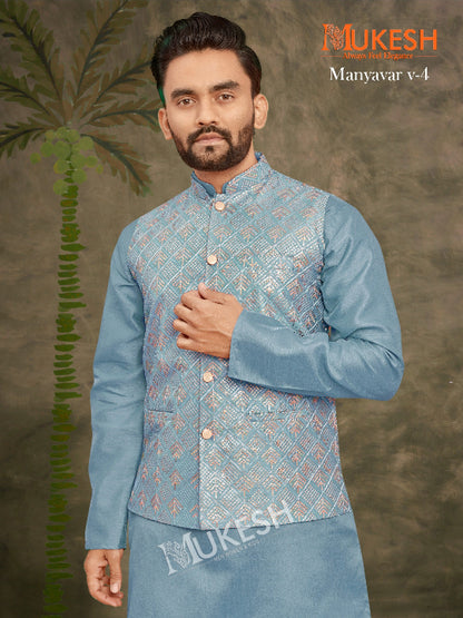 ES Heavy Banglori Silk Kurta-Pant-Koti Set  for a premium look