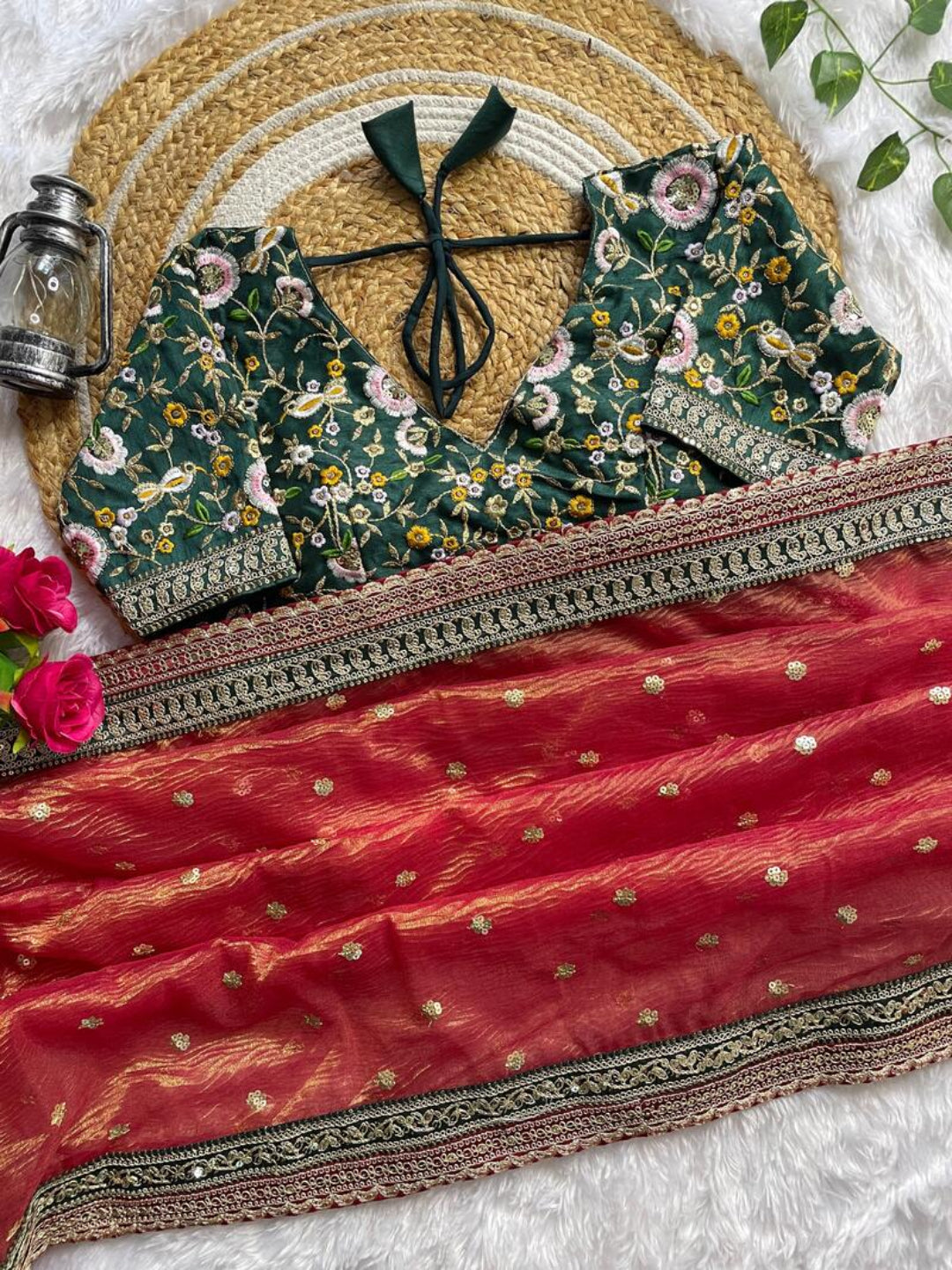 ES Women’s Soft Crush Saree with Golden Jari Butta and Fully Stitched Sequence Blouse