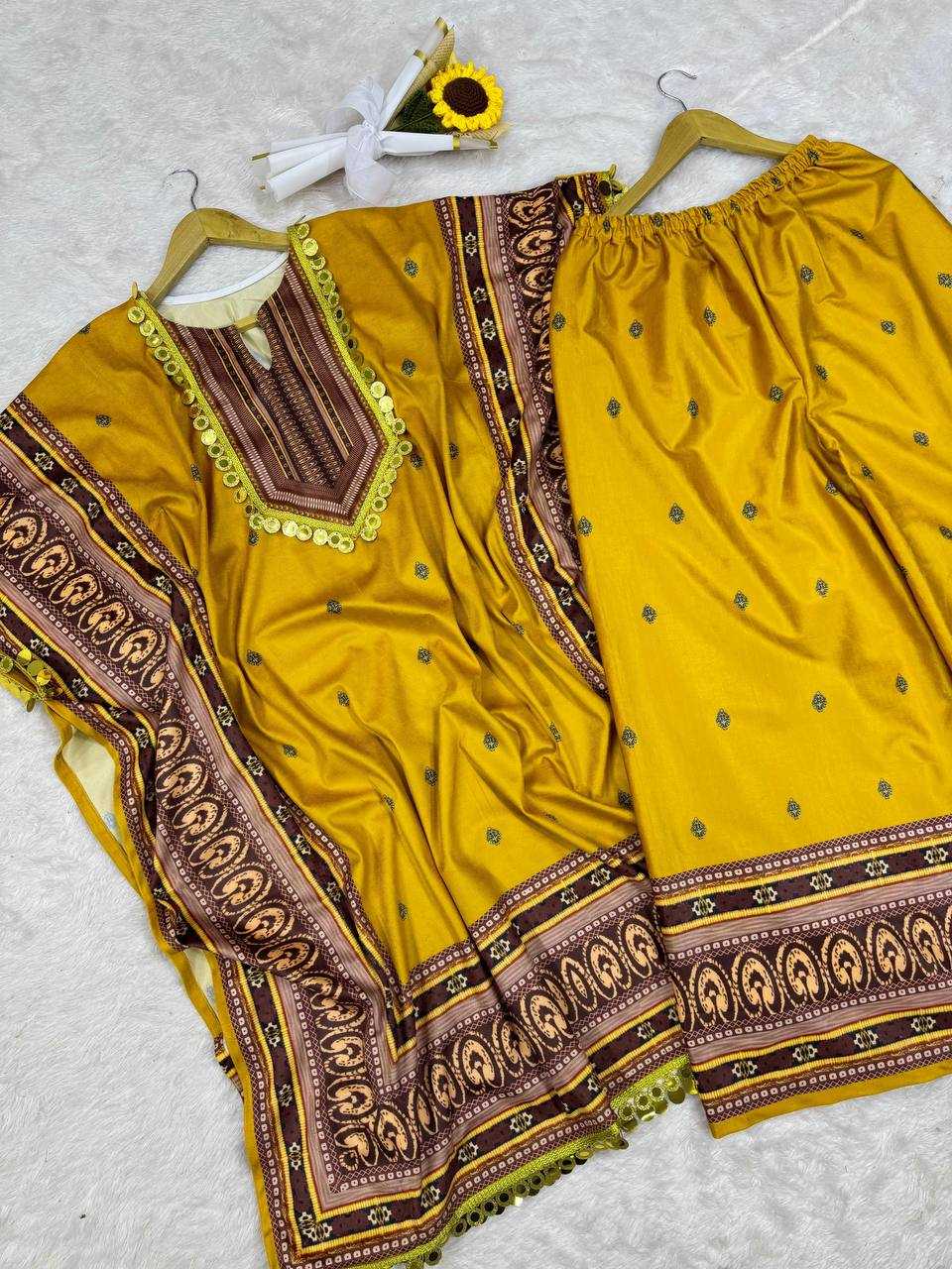 YNF Elegant Kaftan Dress Set (Navy/Yellow) | Viscose Velvet Fabric