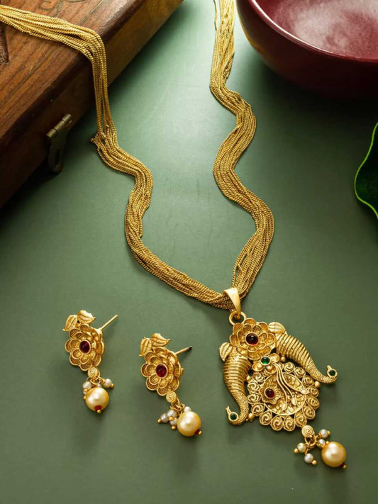 YNF Elegant Brass Gold Necklace and Earrings Set with Lustrous Pearls (Long Set) 2