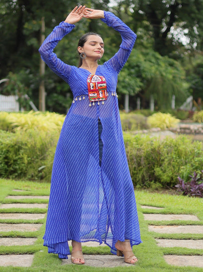 ES front open long kurti with Leheriya print and kutchi patchwork