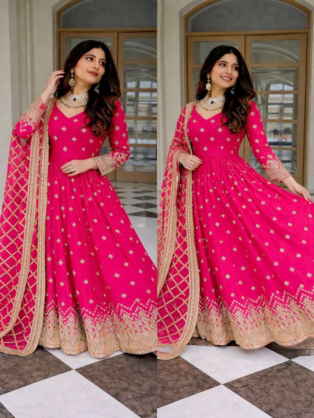 RE Heavy Fox Georgette Sequence Embroidery Gown Set with Butter Silk Pants & Zalar Dupatta