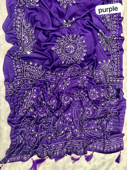 YNF Ajrakh Print Soft Satin Crepe Silk Saree with Real Mirror Work