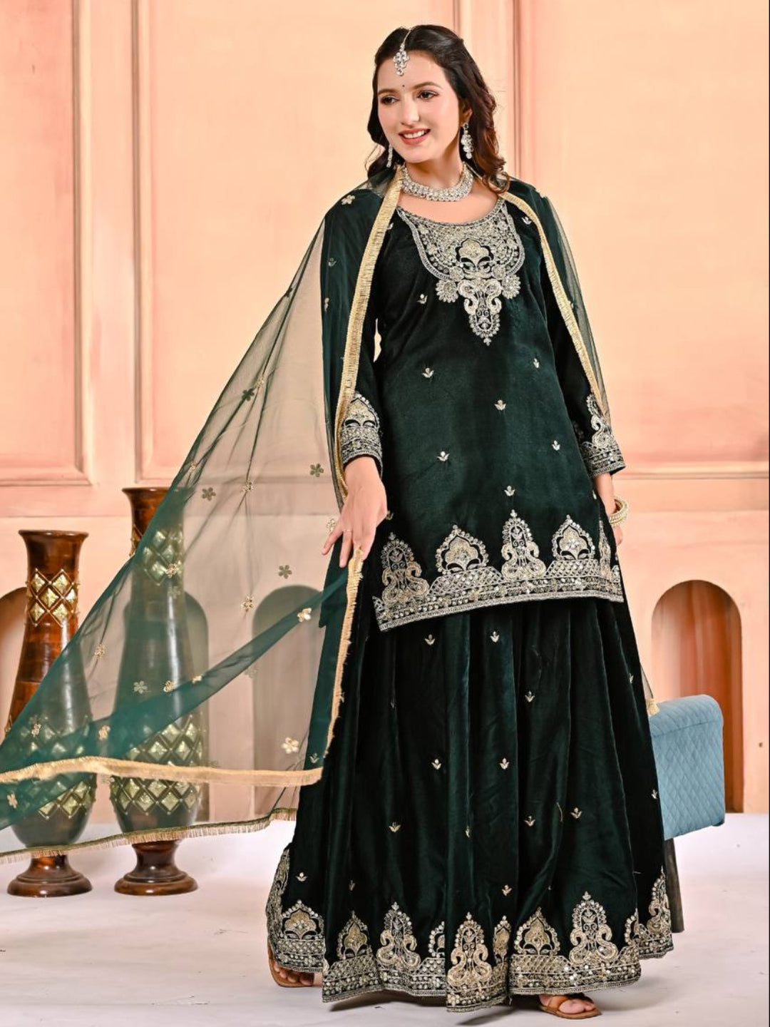 RE Pure Heavy Viscous Velvet Embroidered Sharara Palazzo Suit Set with Butterfly Net Dupatta (Sizes M-XXL)