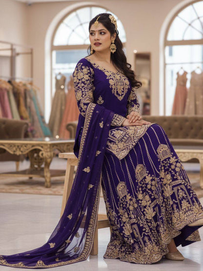 RE Zari & Sequin Work Georgette Kurti Set with 2.5m Flare Palazzo (M-3XL)