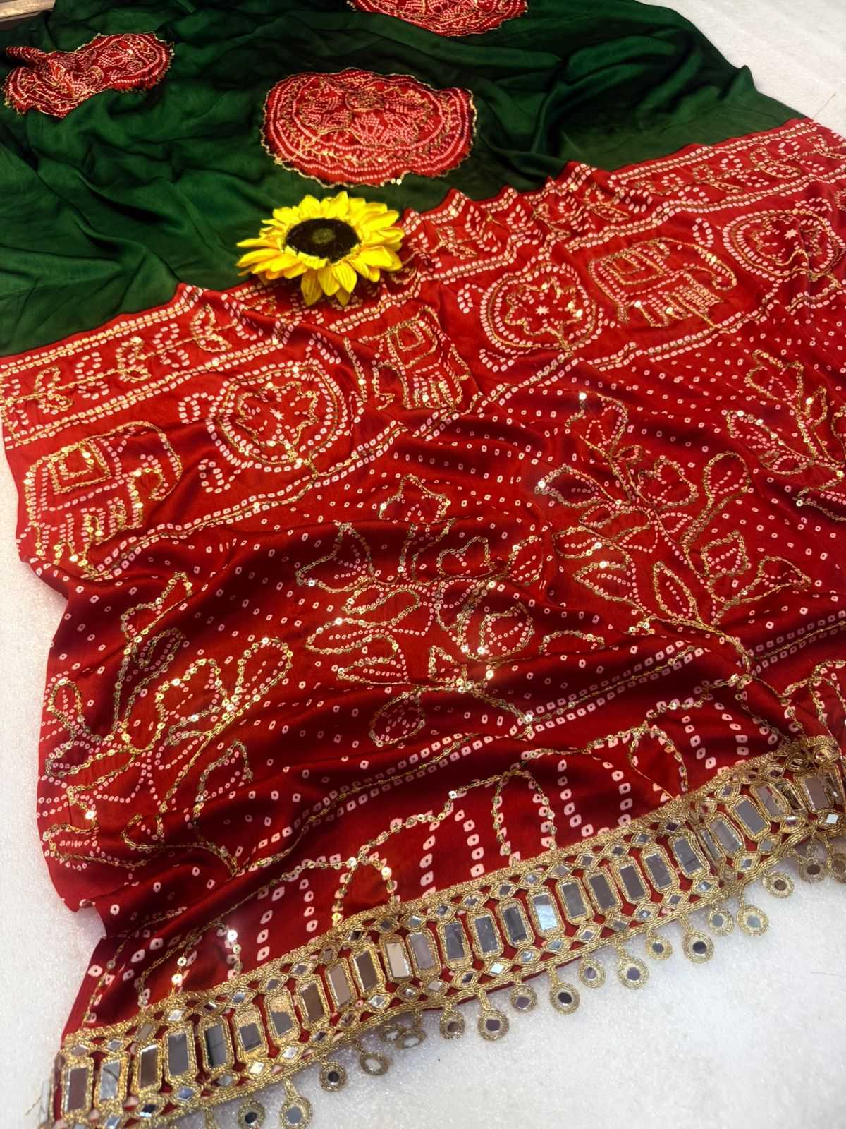 YNF Luxury Pure Gajji Soft Silk Saree in Green and Blue with Unstitched Blouse Piece