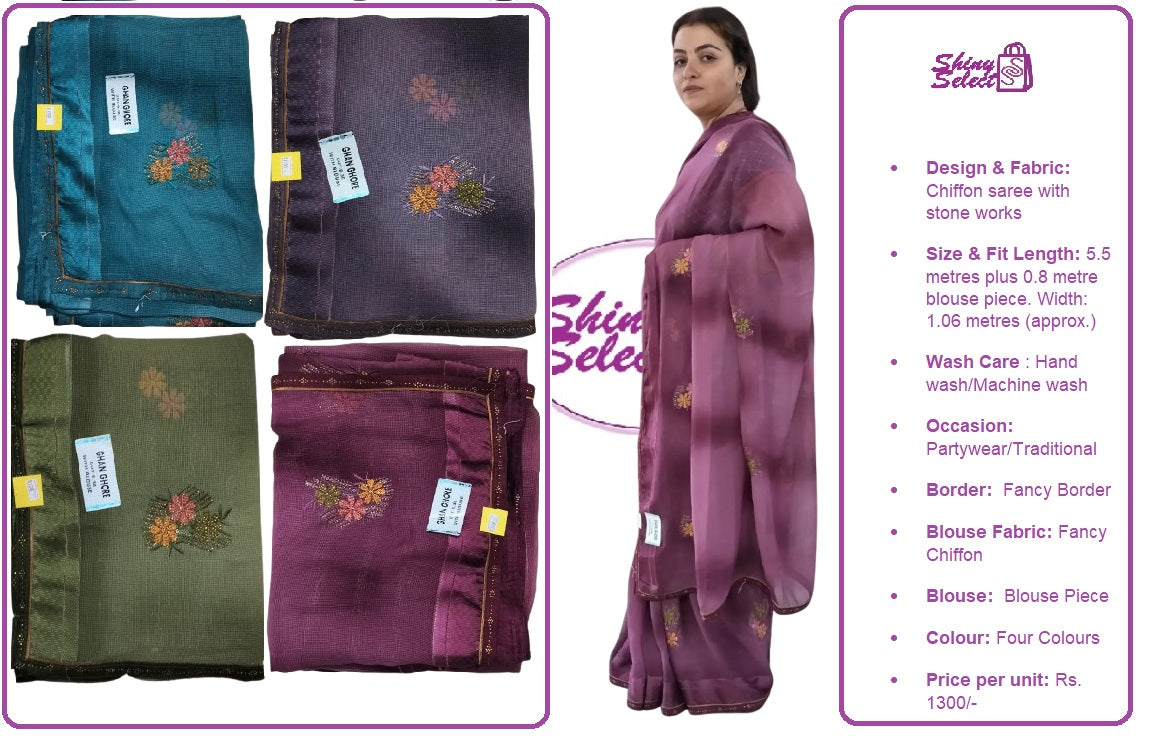 ShinySelect soft Chiffon saree with blouse piece & light stone