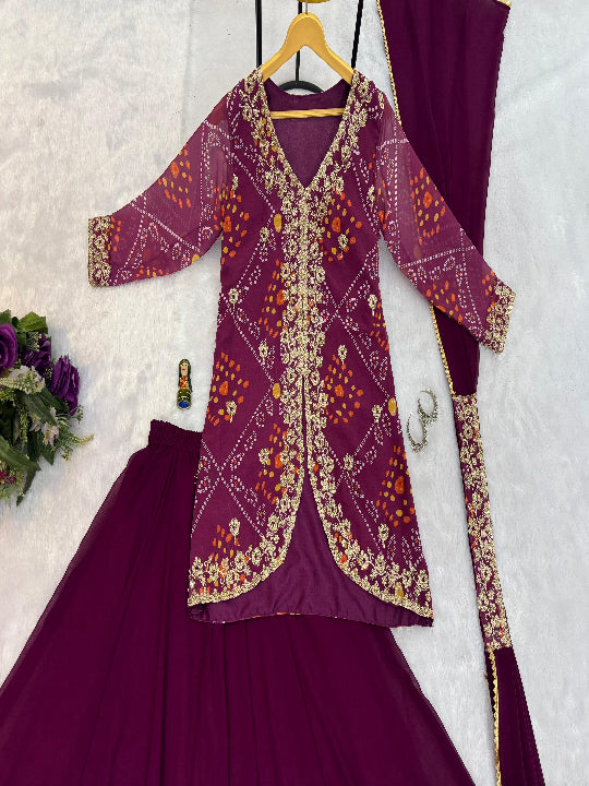 ES Women Faux Georgette Bandhani Koti-Lehenga 3 piece suit set