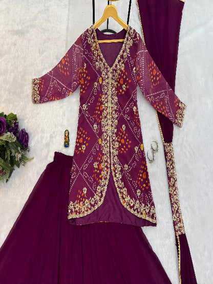 ES Women Faux Georgette Bandhani Koti-Lehenga 3 piece suit set