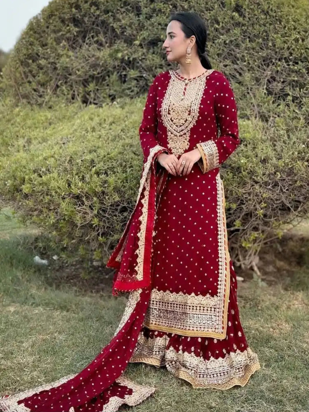 WT Women's Fully Stitched Fox Georgette Sharara Set with Sequence Embroidery