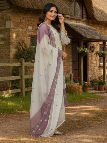 RE Pakistani Pure GMY Silk Digital Printed Suit Set with Embroidery & Cut-Work Sleeves (Sizes M-XXL)