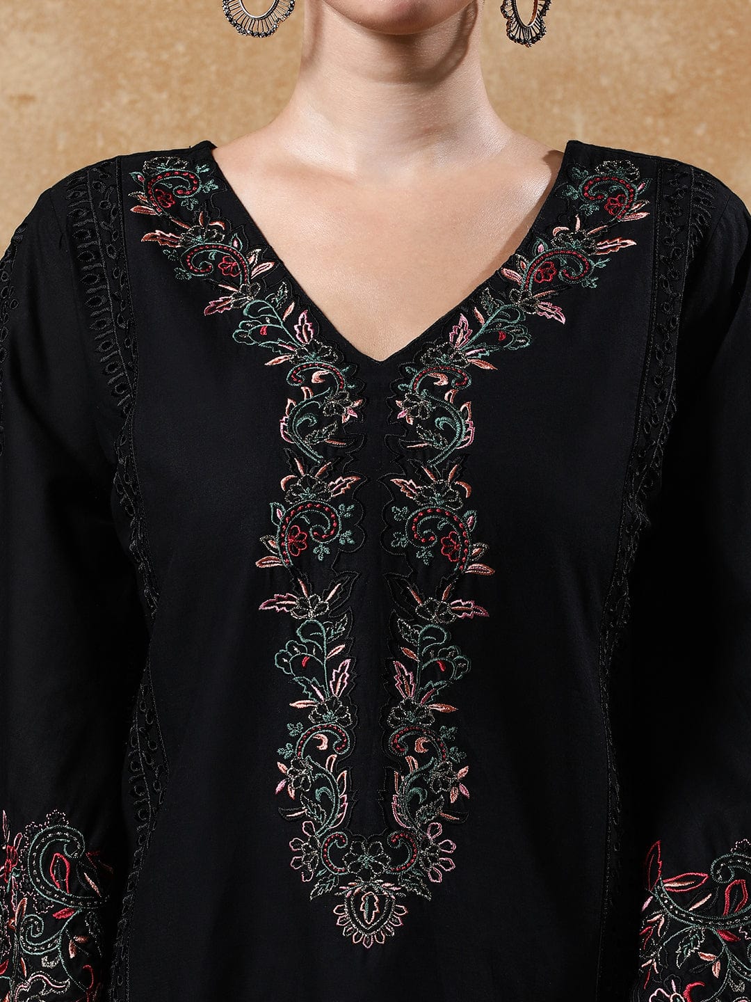 Varanga Women's Black Pure Cotton Embroidered Straight Kurta with Trousers