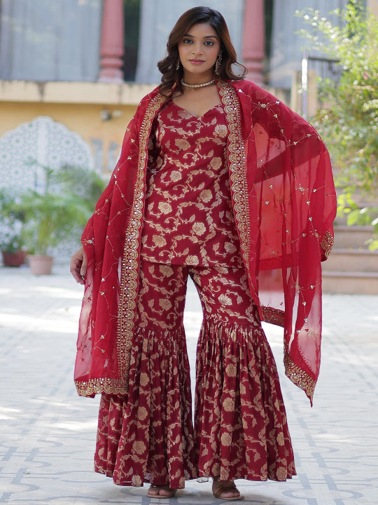 ES Georgette Jacquard Top, Gharara, and Dupatta with Sequins Embroidery and Lace Border