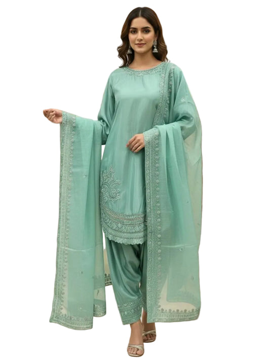 RE Natural Crepe Farshi Palazzo Suit with 3mm Sequence & Cutwork