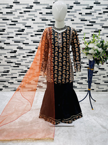 ES Elegant Heavy Chinon Top, Sharara, and Dupatta Set with Sequin Work for girls
