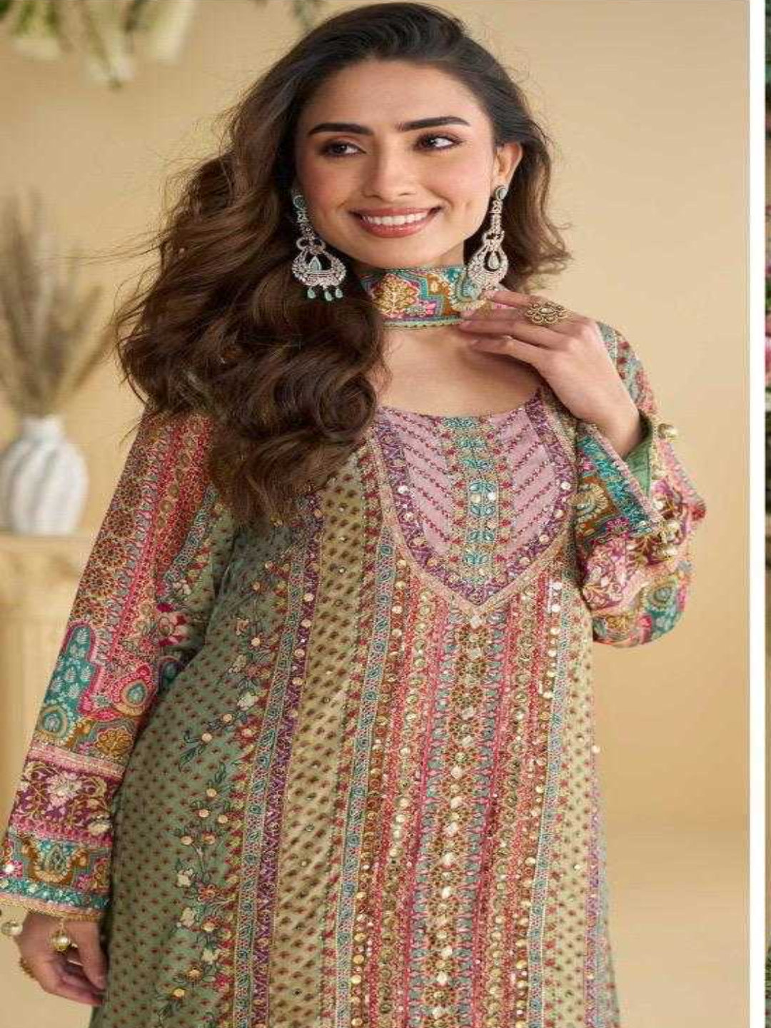 YNF Crepe Silk Suit Set | Printed Top Palazzo | Hand Aari Gota Patti Work