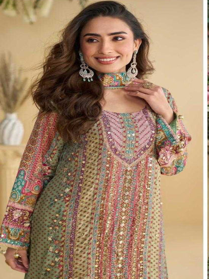 YNF Crepe Silk Suit Set | Printed Top Palazzo | Hand Aari Gota Patti Work