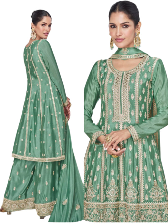 ES Women Premium Chinnon Silk  Top & Plazzo With Matching Dupatta