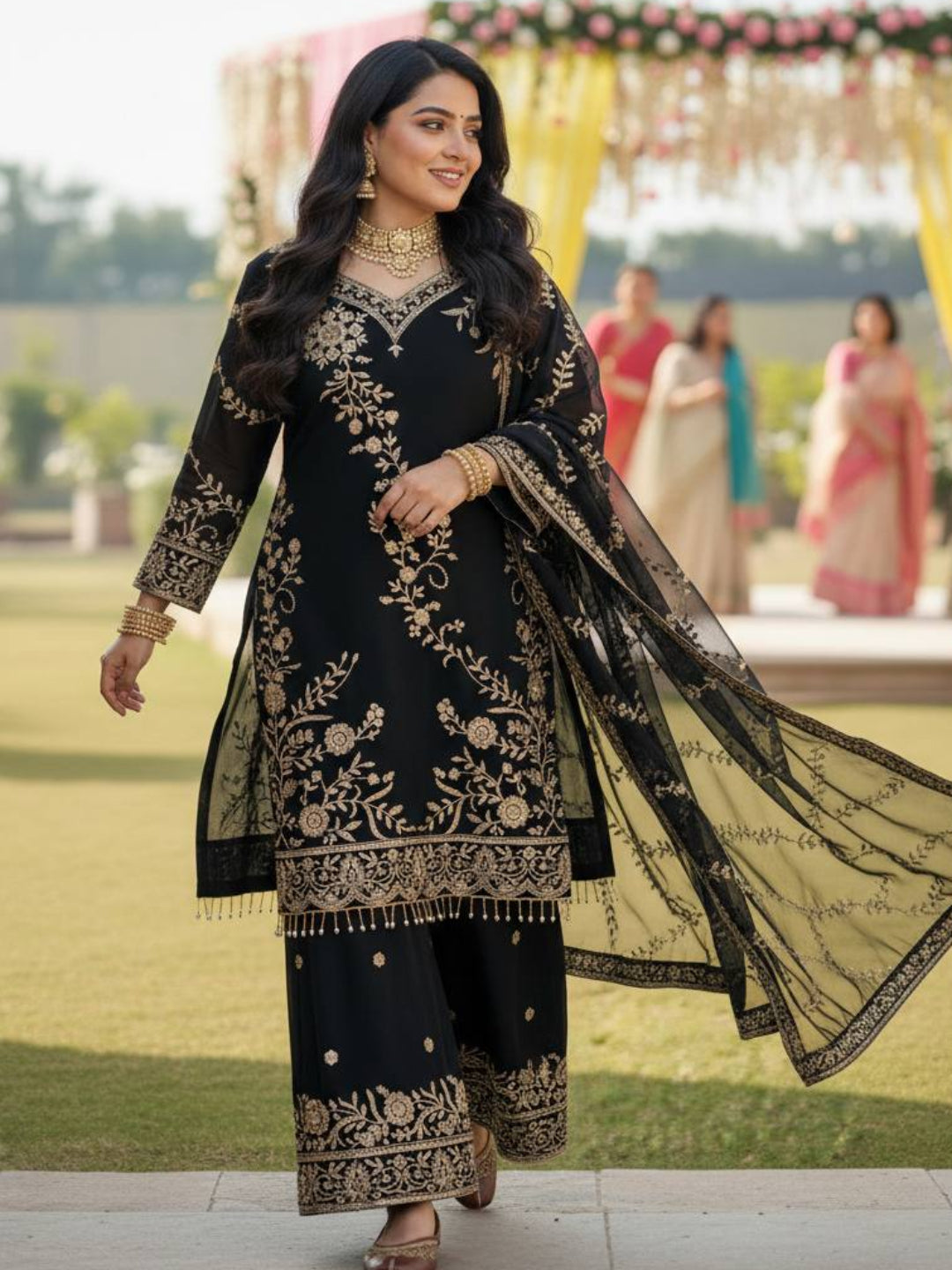 RE Semi Faux Georgette 3-Piece Kurti Plazzo Set with Sequence & Zari Work