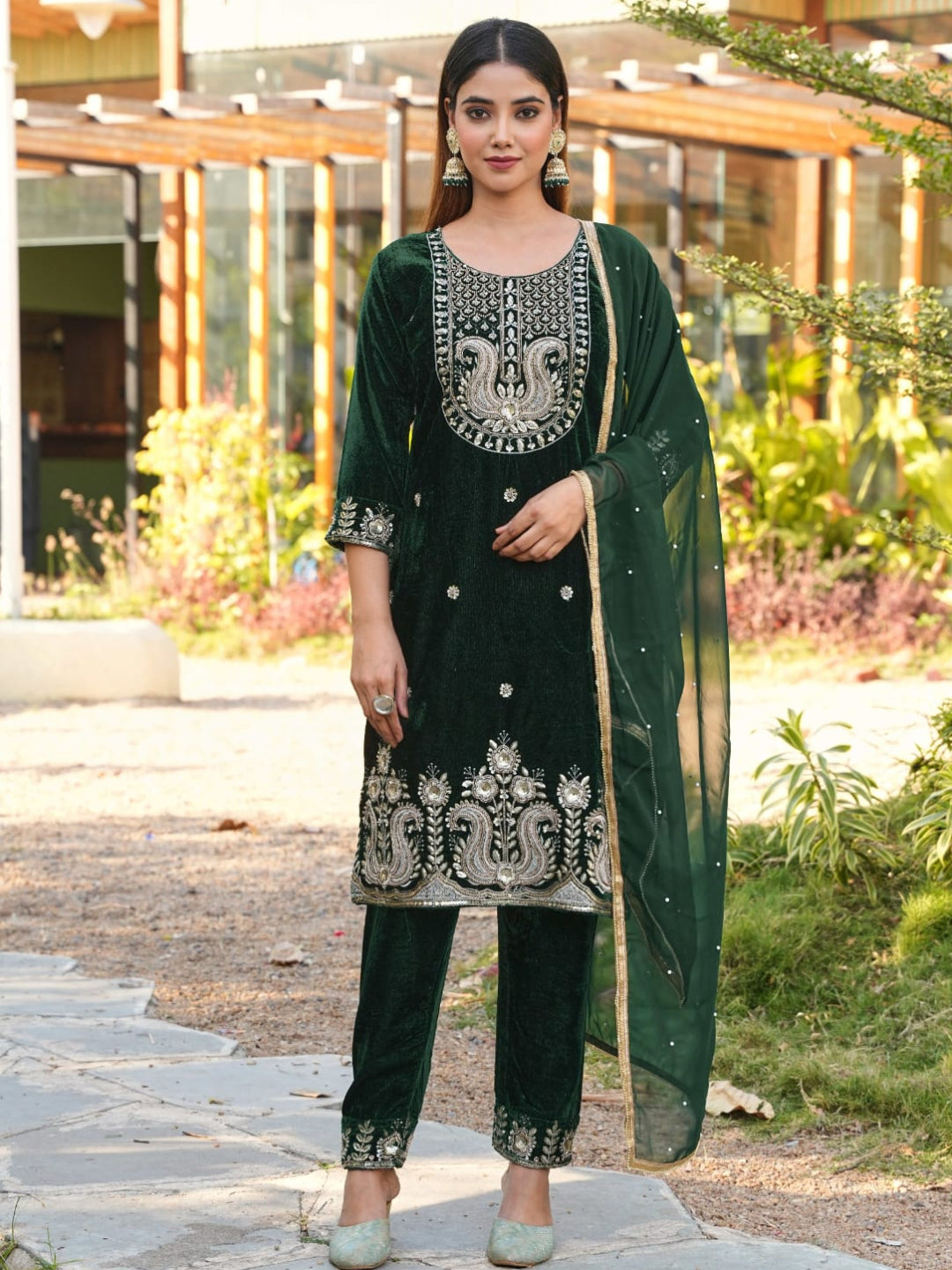 RE Designer 9000 Velvet Embroidered Suit Set with Sequin Work & Pearl Lace Dupatta (M-XXL)