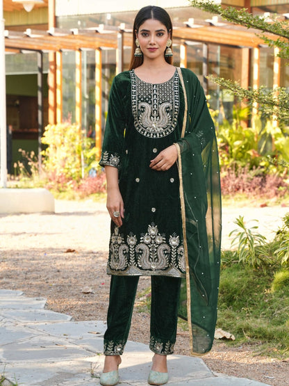 RE Designer 9000 Velvet Embroidered Suit Set with Sequin Work & Pearl Lace Dupatta (M-XXL)
