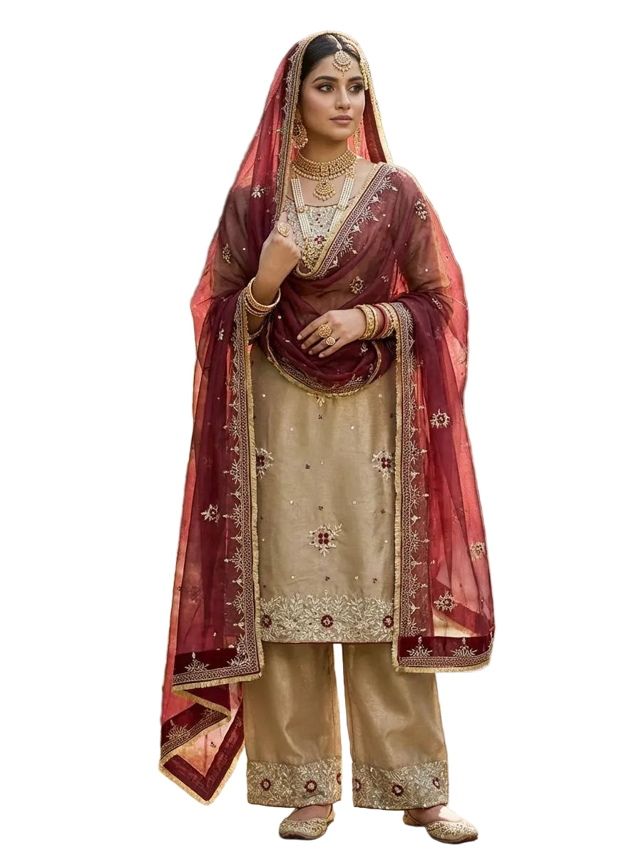 Women's Pure GMY Silk Heavy Sequence Embroidered Kurta Palazzo Set with Dupatta-RE