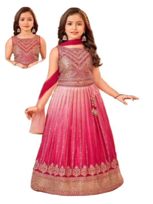 RE Girls' Soft Chinon Silk Embroidered Lehenga Choli Set with Butterfly Net Dupatta