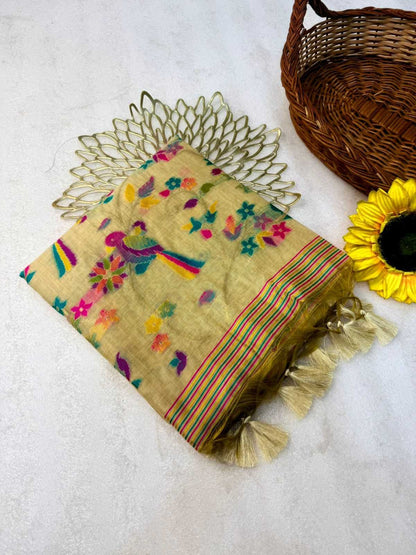 YNF Pure Muga Cotton Meenakari Weaving Saree with Floral Pallu and Contrast Blouse