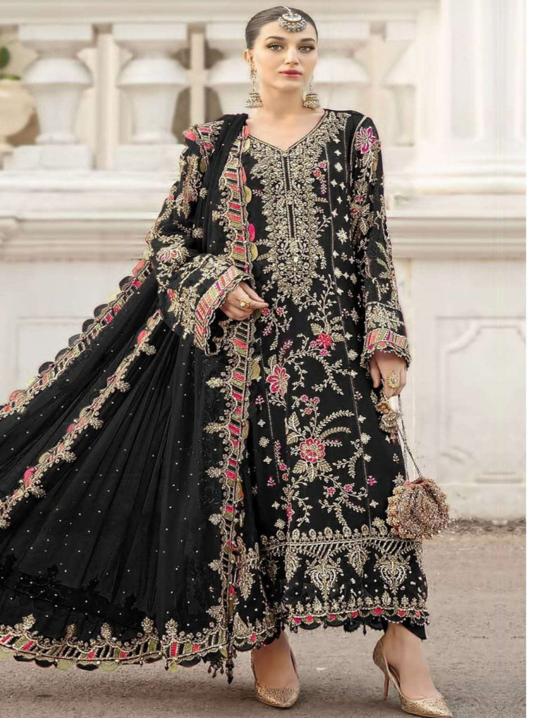 Women’s Chiffon Sequence Work Suit (XS to 5XL) with Khatli Neck Embroidery - RE