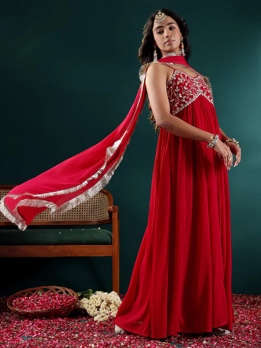 KF Women Fuchsia Embroidered Anarkali Strap Kurta Paired With Tonal Dupatta